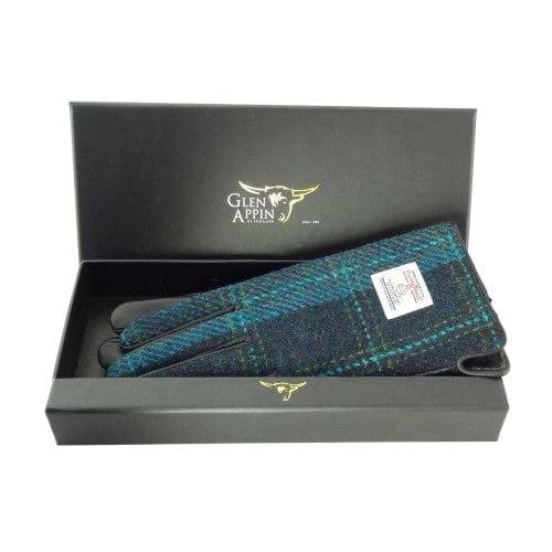 Dames Handschoenen Blauw en Turquoise Ruit met Zwart Leer - Harris Tweed - Glen Appin of Scotland - Afbeelding 2