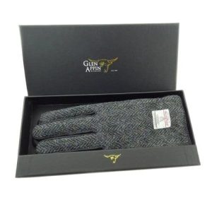 Heren Handschoenen Grijs gemêleerd met Zwart Leer - Harris Tweed - Glen Appin of Scotland